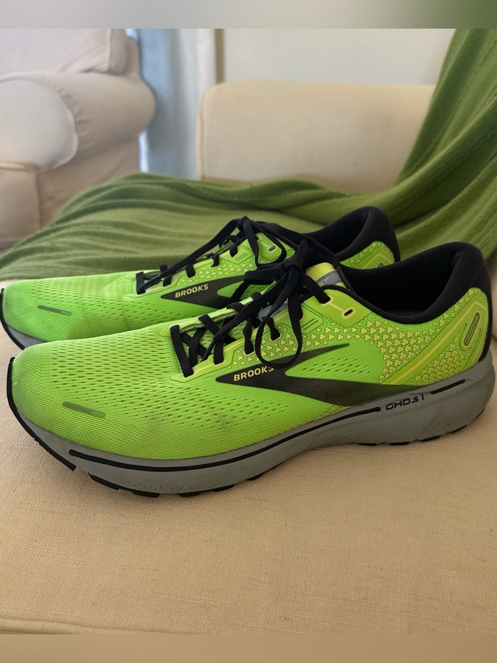 Brooks Ghost 14 Mens 14 D Shoes Neon Yellow Running Walking Sneaker 1103691D770